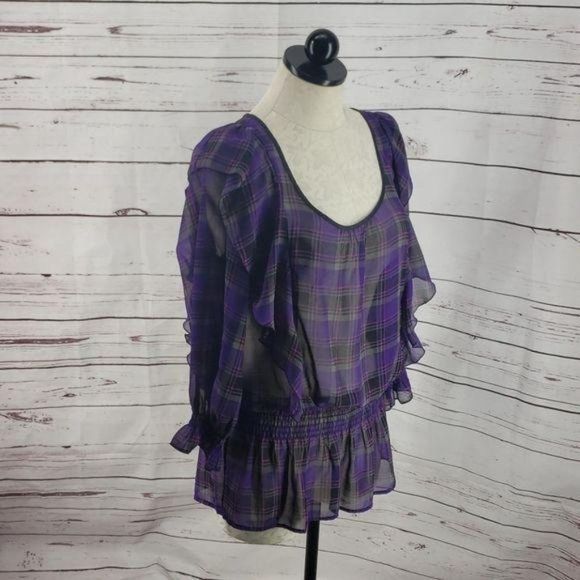 Candies‎ Purple Plaid Drop Waist Sheer M Blouse - Picture 3 of 6